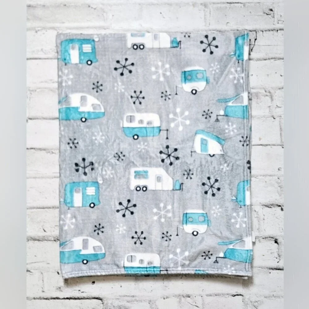 Retro Camper Trailer Fleece Throw Blanket Turquoise RV Cottage Cozy